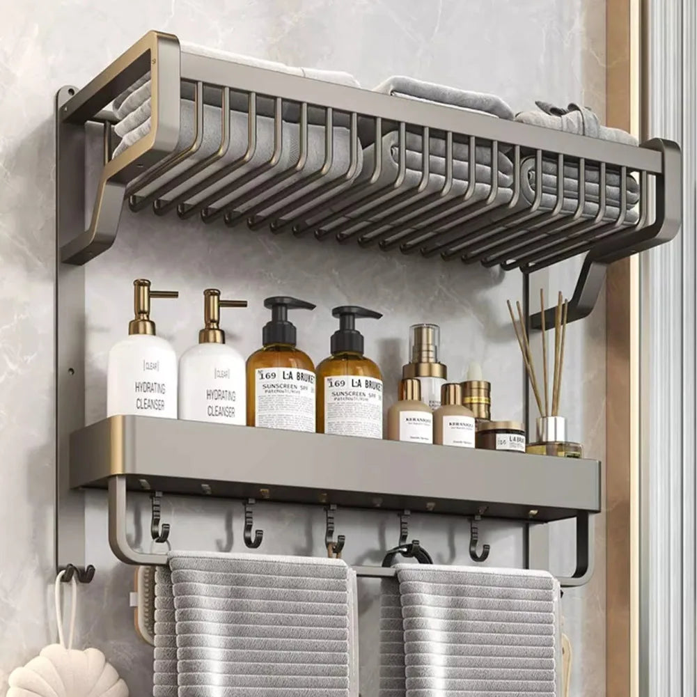 【Breeins】2/3-Tier Bathroom Wall Shelf with Towel Bar and Hooks Organizer Storage Rack