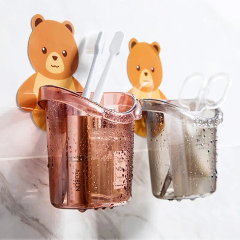 New Toothbrush Holder Adorable Bear Hug Storage Cup Wall-mounted Drain Design Easy Organization Toothbrush Cup Bathroom Supplies
