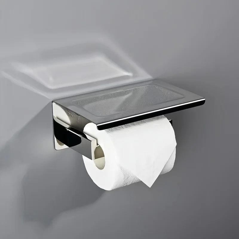 Stainless Steel Toilet Paper Holder Wall Mount with Shelf Tissue Paper Roll Holder Drilling Design Bathroom Storage Organizer