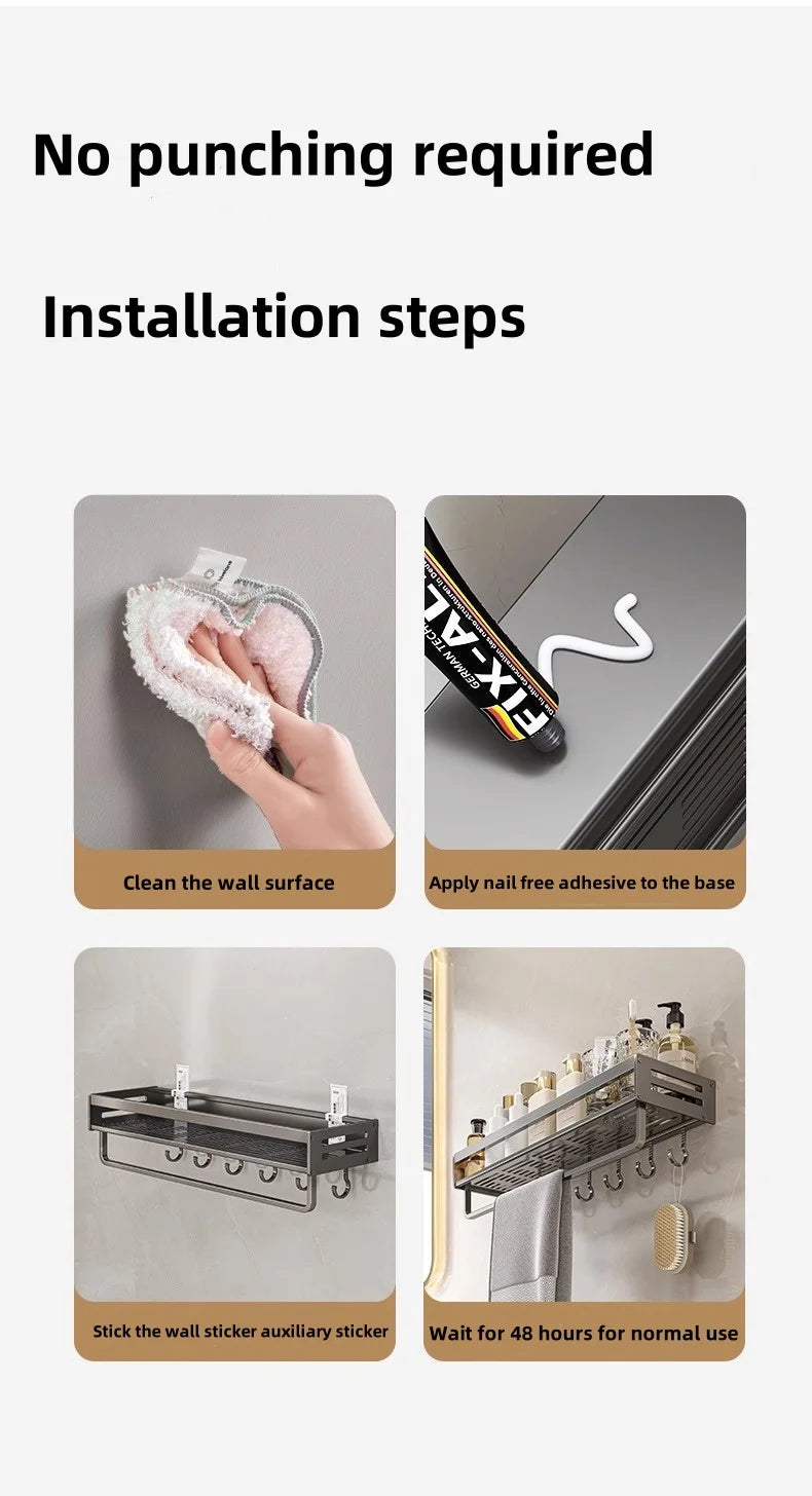 Shower Corner Shelf Without Drilling Aluminum Bathroom Shelf With Towel Bar Shampoo Holder Toilet Rack Bathroom Accessories