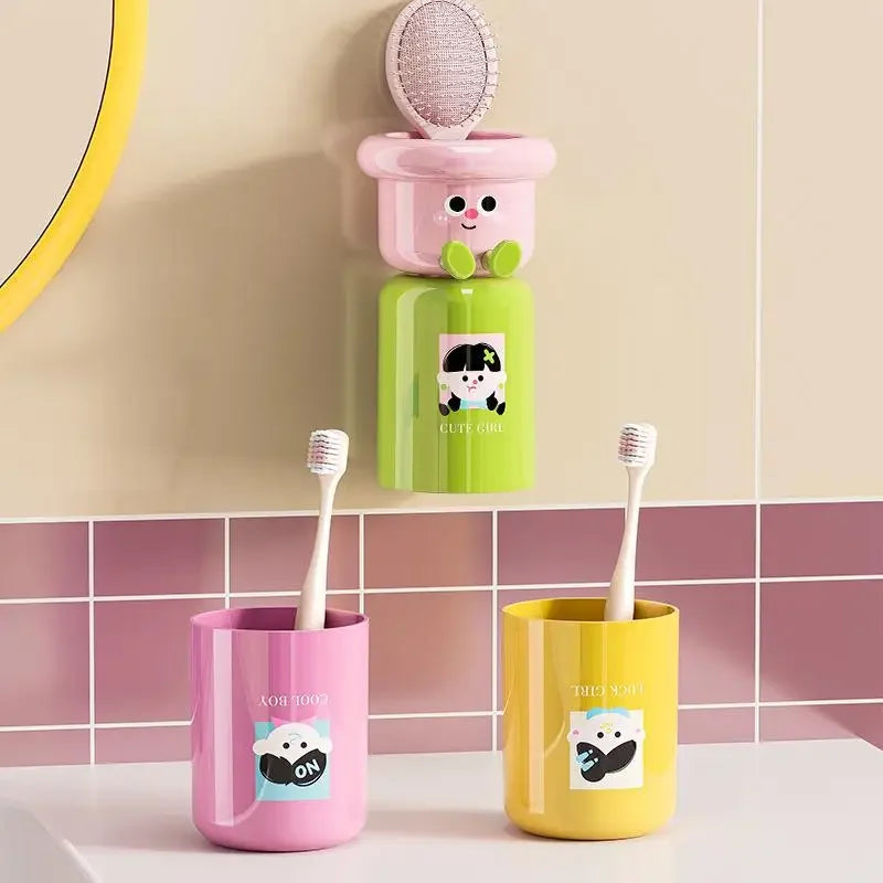 Cartoon Magnetic Toothbrush Holder Punch-Free Upside down Wall Mounted Bathroom Storage Rack Gargle Cup Organizer