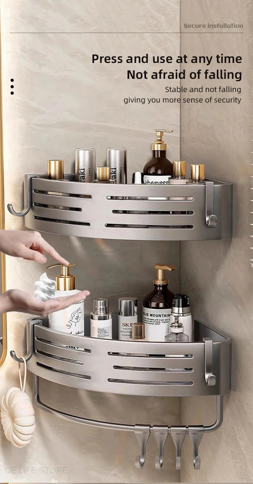 1-2PCS Bathroom Corner Shelf with Plastic Hook Towel Bar No Drill Space Aluminum Shower Storage Rack Bathroom Organizer