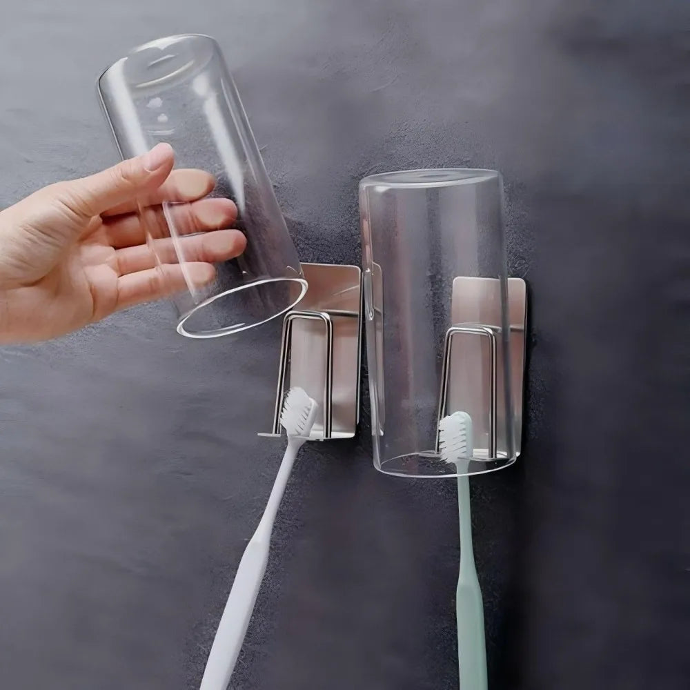 1 Piece Stainless Steel Toothbrush Wash Cup Holder, Home Perforation-Free, Wall-Mounted, Bathroom Shelf Storage Rack