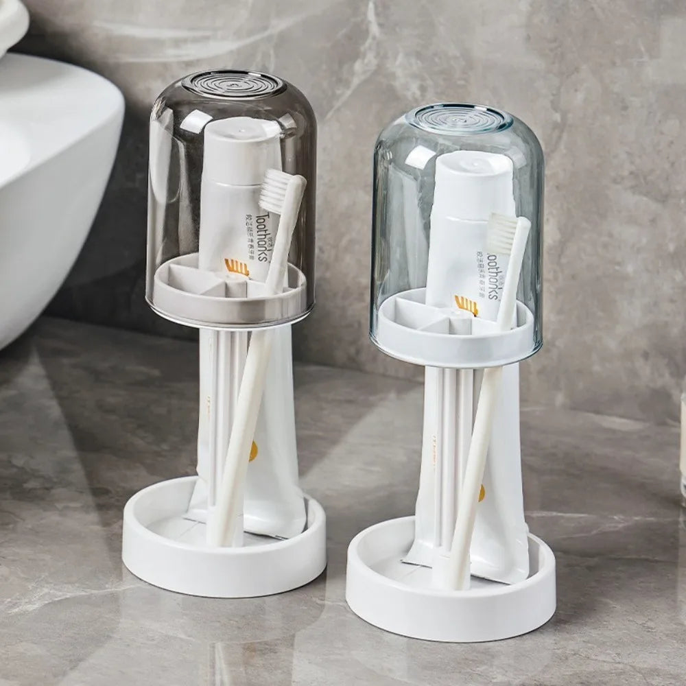 Hygienic Toothbrush Organizer with Protective Lid Ventilated Plastic Bathroom Cup Holder Multifunctional Countertop Storage