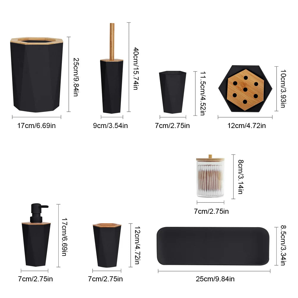 8 Pcs Bathroom Accessories Set with Cup Holder Dish Dispenser Bin Brush (Black)